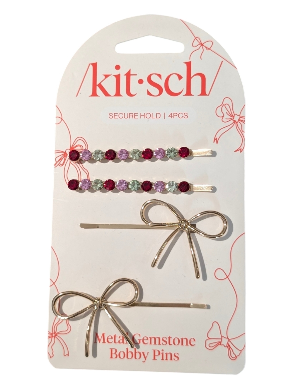 Kitsch Metal Gemstone Bow Bobby Pins Set of 4